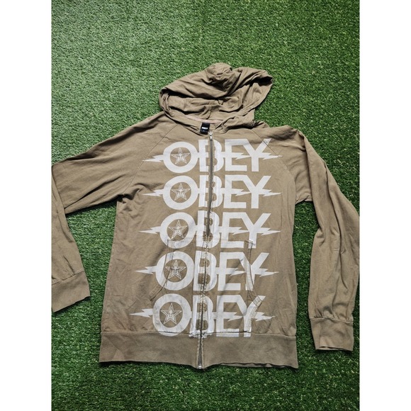 Obey Other - Obey Hoodie Mens Medium Tan Brown Full Zip Sweatshirt Jacket Large